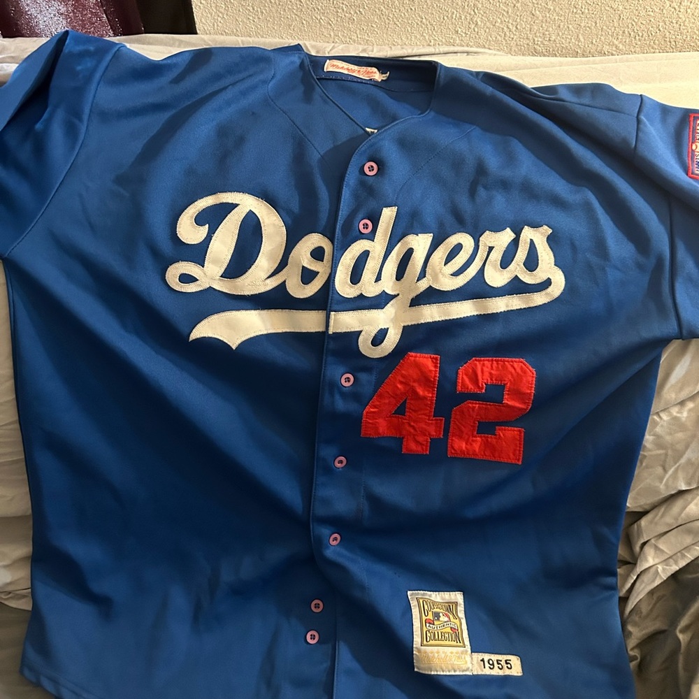 Cooperstown Collection 1955 Jackie Robinson World Series Jersey.